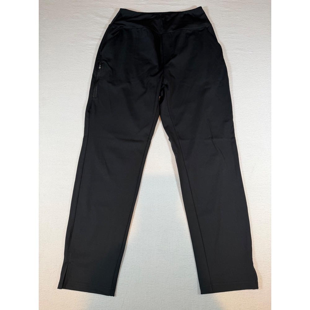 YYV Women Black Athletic Straight Leg Pants Small Zipper Pocket Slit Hem